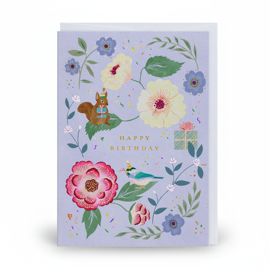 Lilac birthday card with a squirrel and a bird wearing party hats
