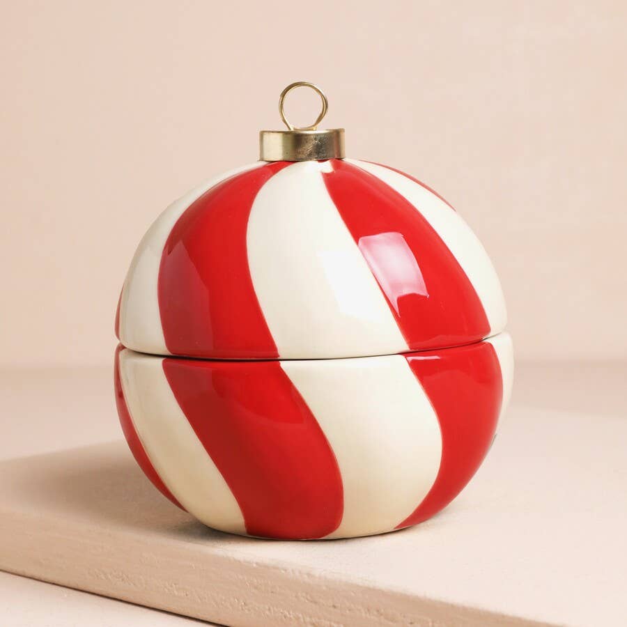 Closed Candy Cane Stripe Bauble Candle in glossy red and white stripes with gold top detail.