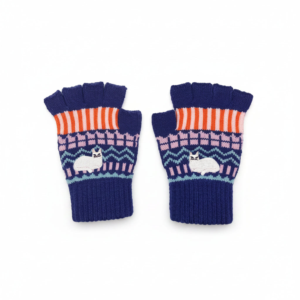 Catnip Fair Isle winter fingerless gloves with bold colourful knit design and embroidered cat motif, displayed flat on white background.