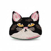 Close-up of Catnip Cat Coin Purse featuring hand-beaded black-and-white cat with pink ears.