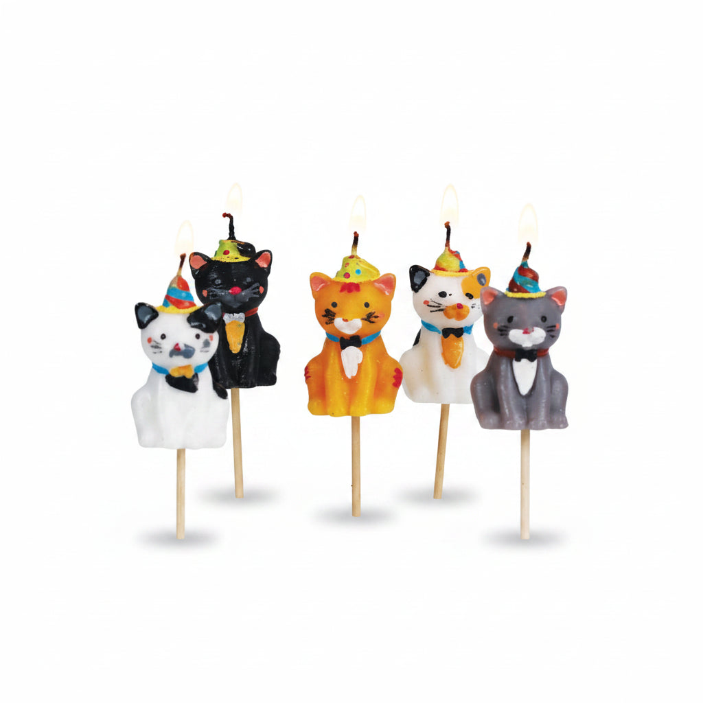 Smiling Faces Cats in Party Hats Cake Candles
