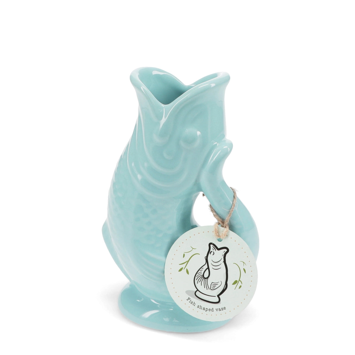 Side view of quirky aqua blue ceramic fish-shaped vase with textured details.