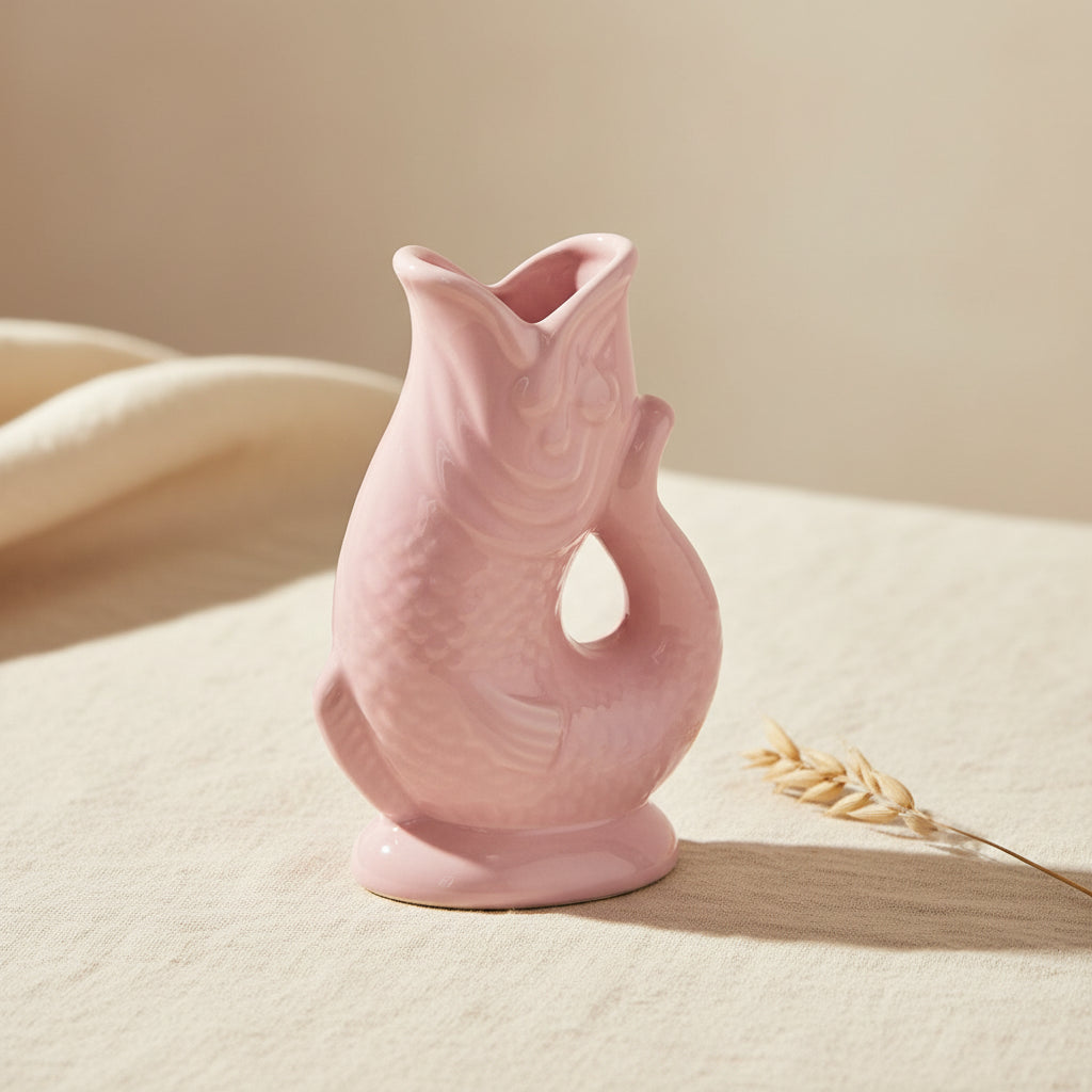 Side view of quirky pink ceramic fish-shaped vase with textured details.