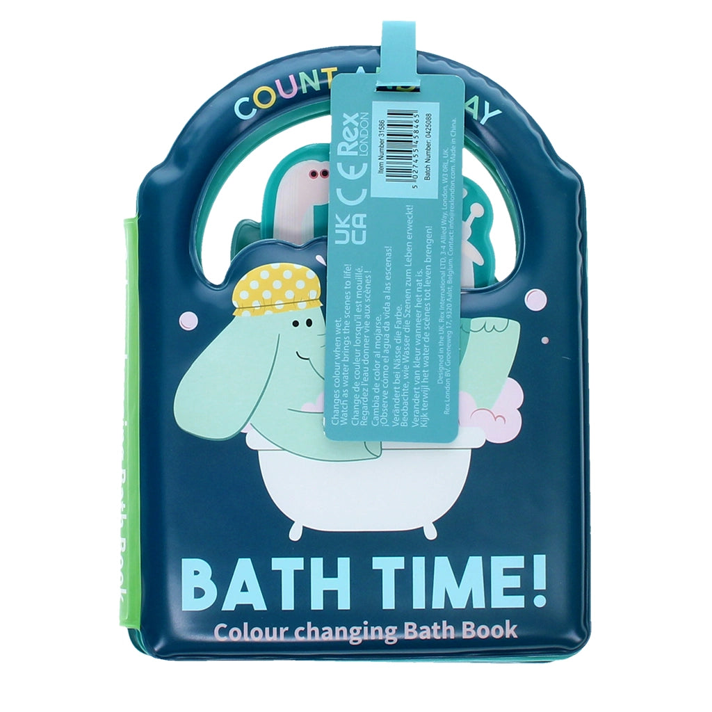 Back view of Colour Changing Bath Book with tag and product details visible.