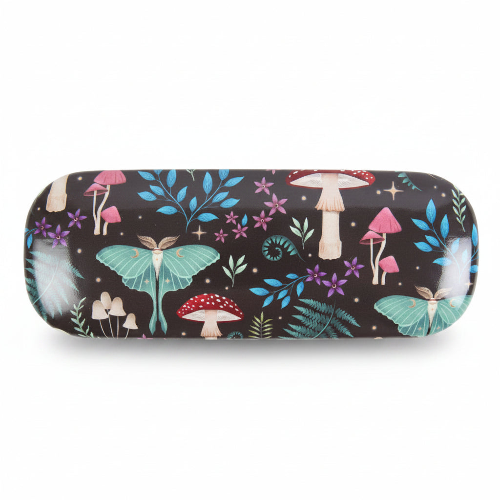 Hard shell Dark Forest glasses case, black background with mushrooms, moths and magickal plants pattern, shown closed on white.