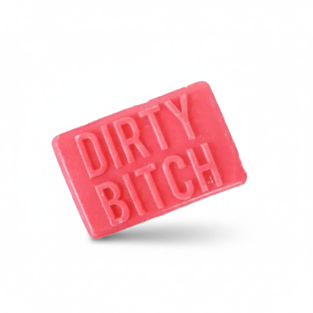 Bright pink bar of novelty soap embossed with the phrase “Dirty Bitch” on a white background.