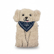 Studio image of boucle dog hot water bottle with blue bandana.