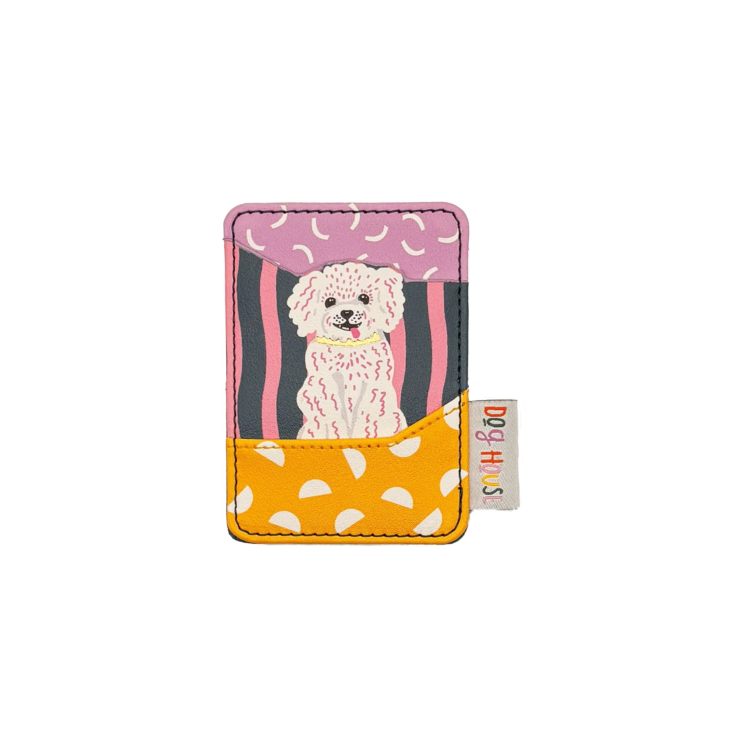 Flat lay of Dog House Dog Card Holder with illustrated dog and yellow polka dot pocket.