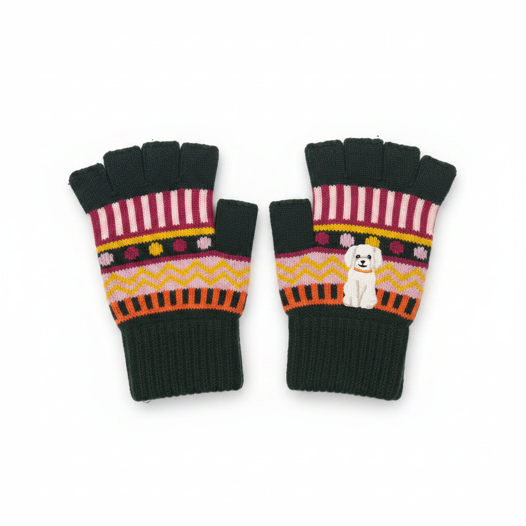 Fingerless gloves featuring white embroidered dog on bold striped knit pattern.