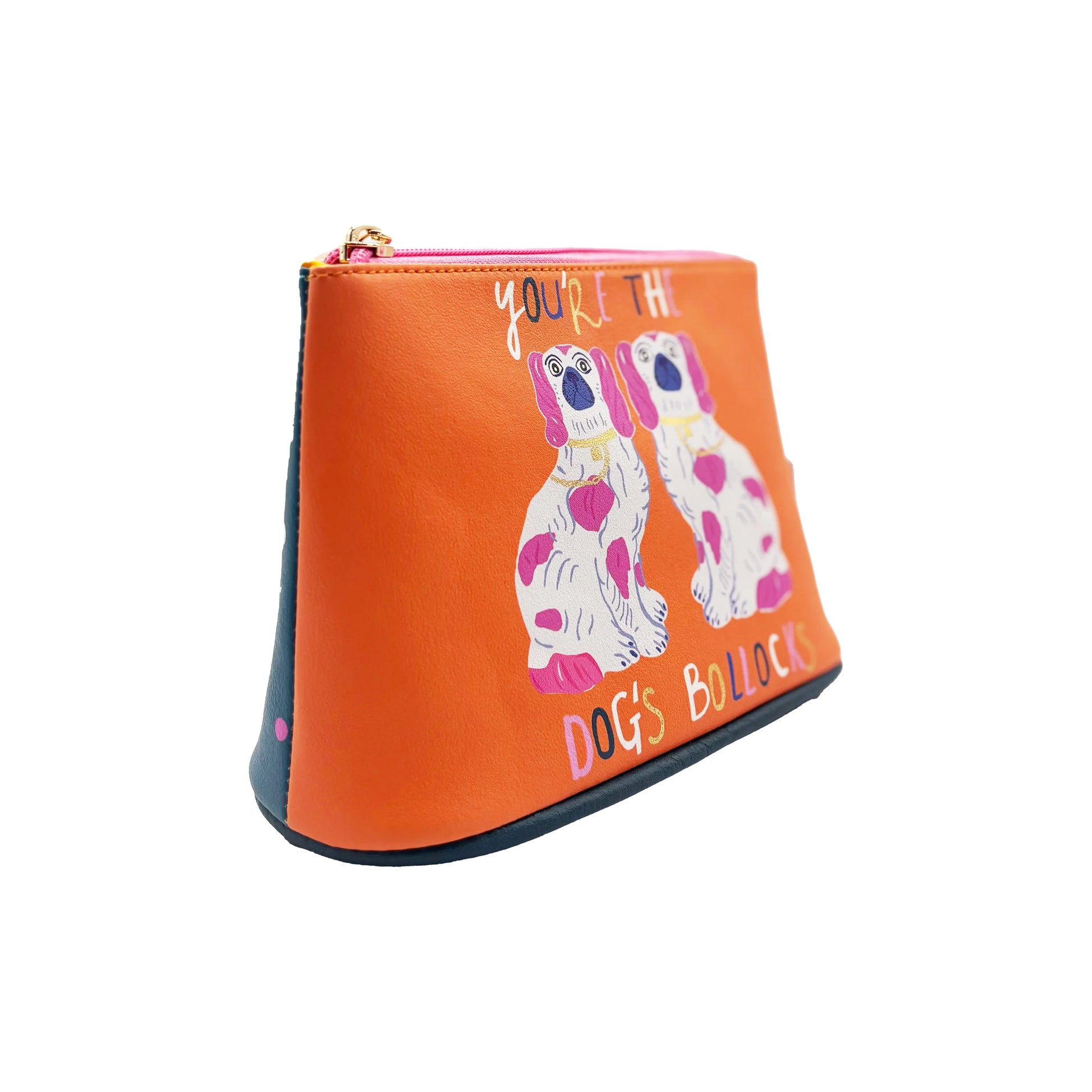 Side view of orange and teal Dogs Bollocks Makeup Bag with slogan.