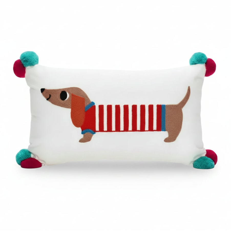 Embroidered Cushion Pom Poms Sausage Dog
