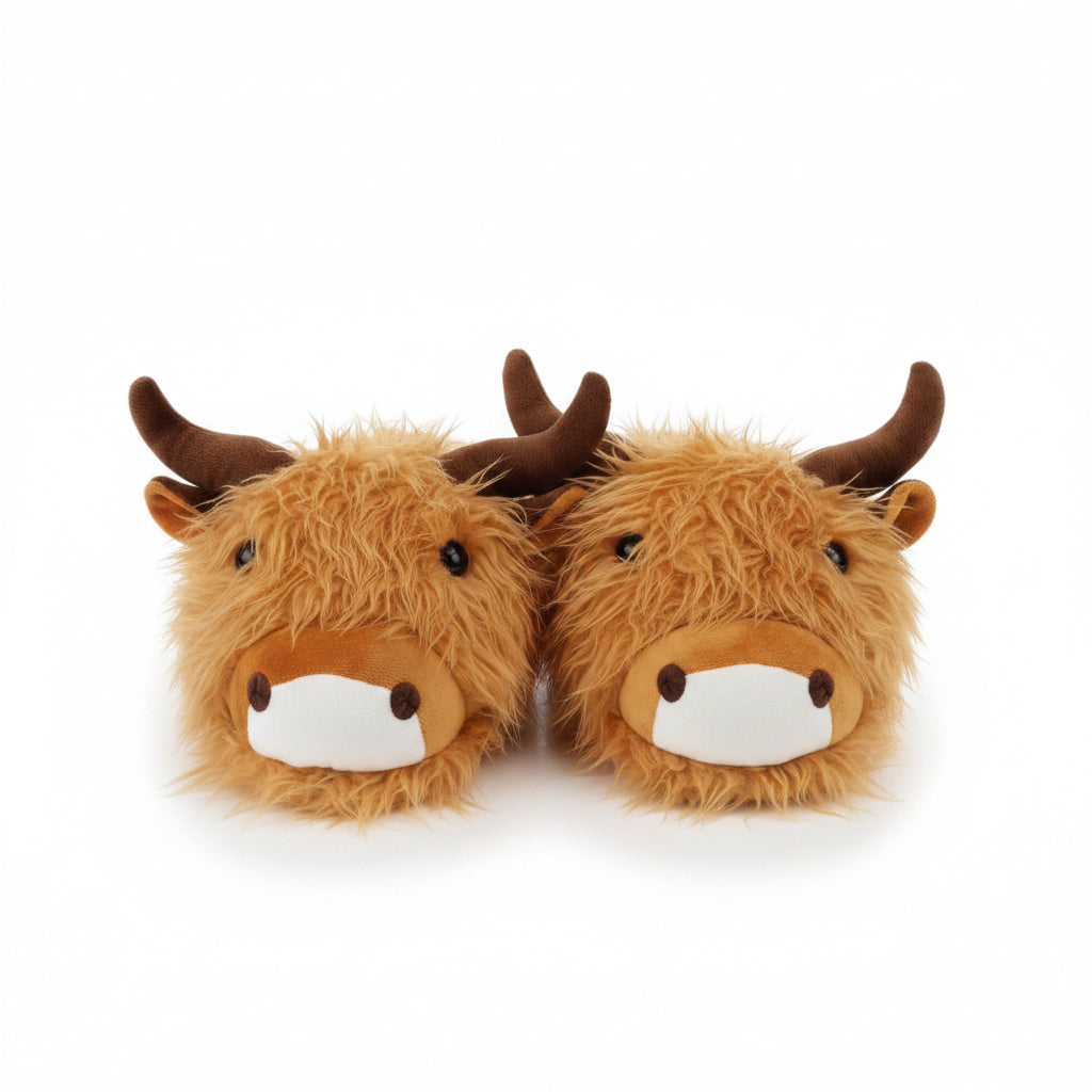 Adult slippers in the shape of a pair of fluffy highland cows against a white background.