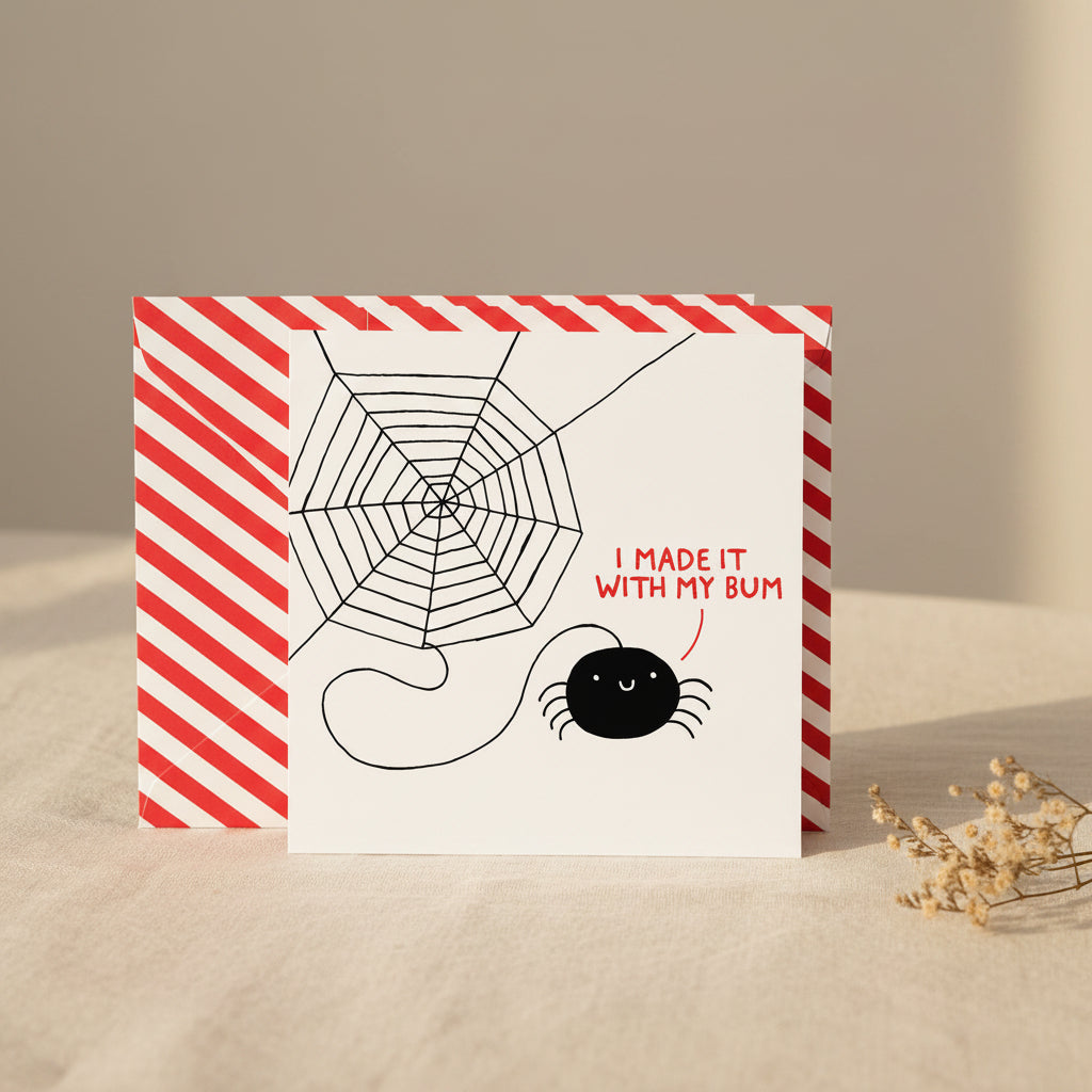 Cartoon spider with a spider web and text 'I made it with my bum' on a white background with red and white striped border.