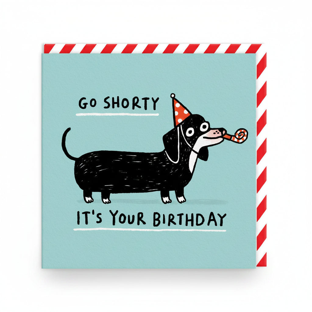 Blue square birthday card with a black sausage dog in a party hat
