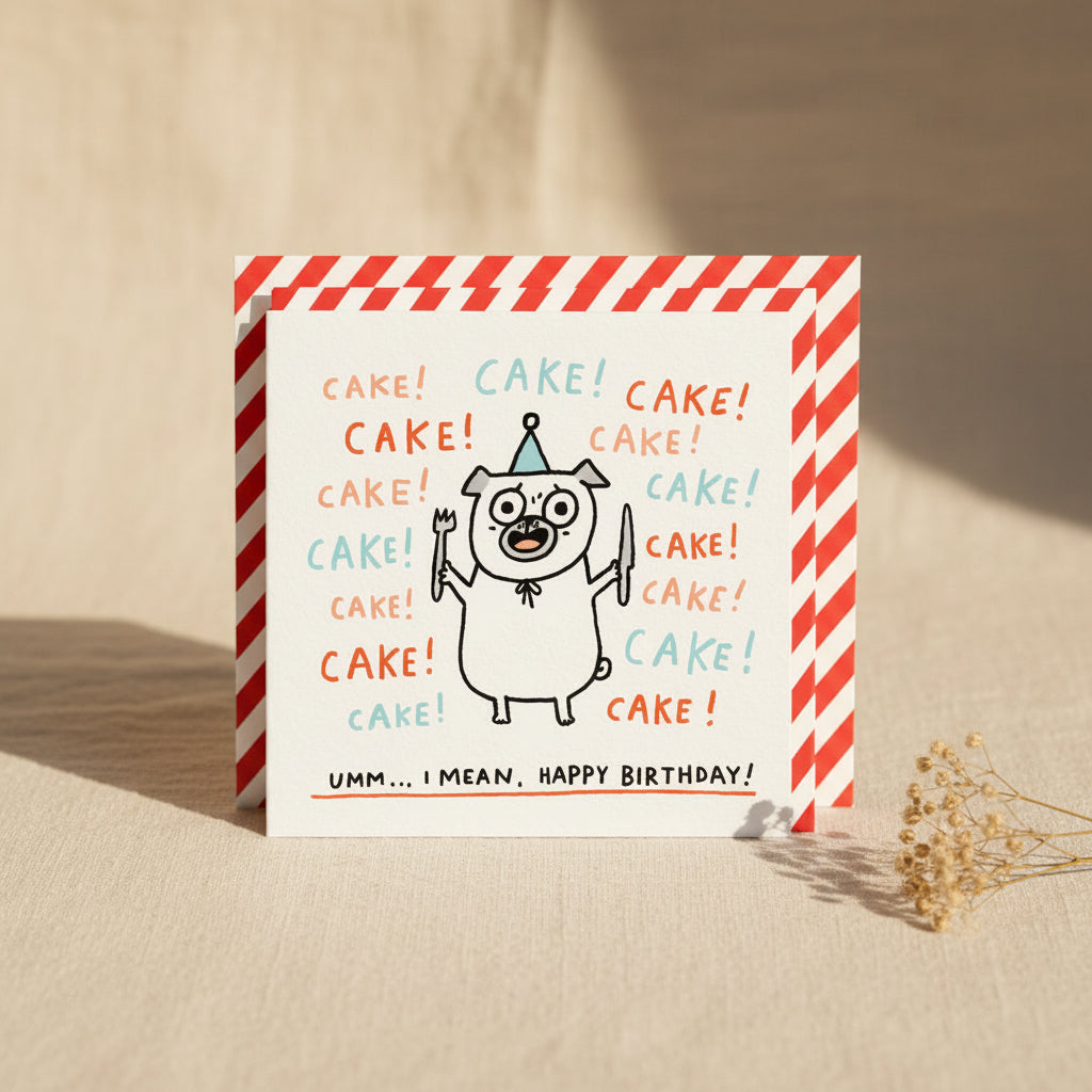 Birthday card with cartoon character and 'cake! cake!' text on a white background