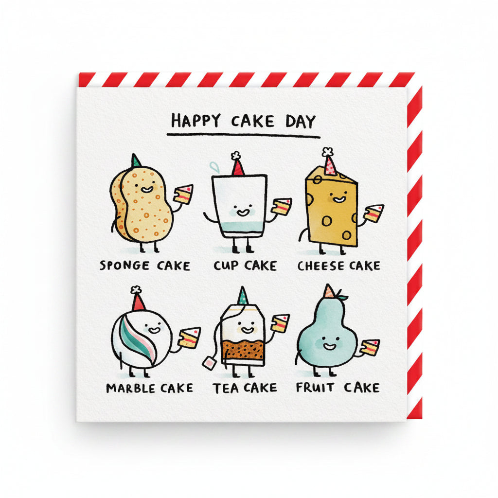 White square birthday card with six pun cake characters wearing party hats