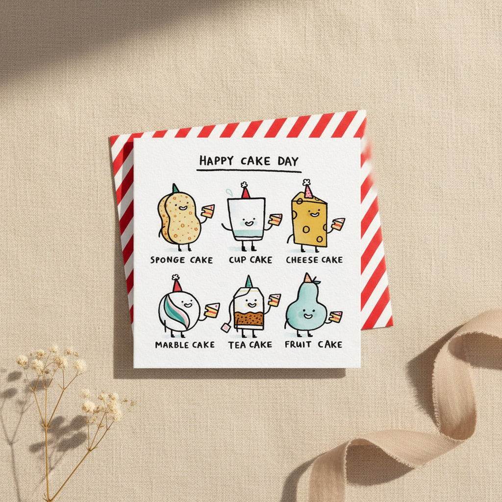 Cartoon cakes with birthday hats on a white background with red and white striped border