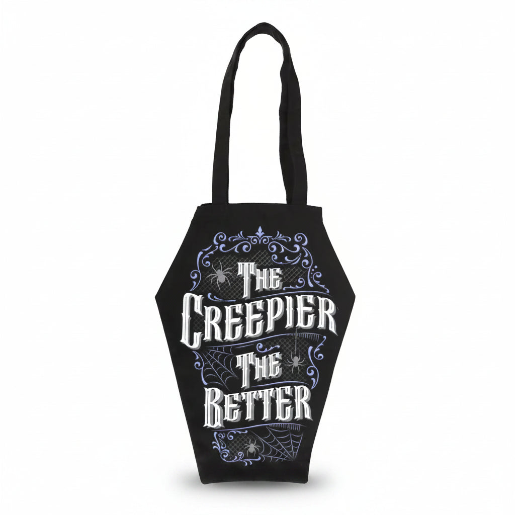 Full view of coffin-shaped black tote bag with gothic slogan and long handles, laid flat on a white background.