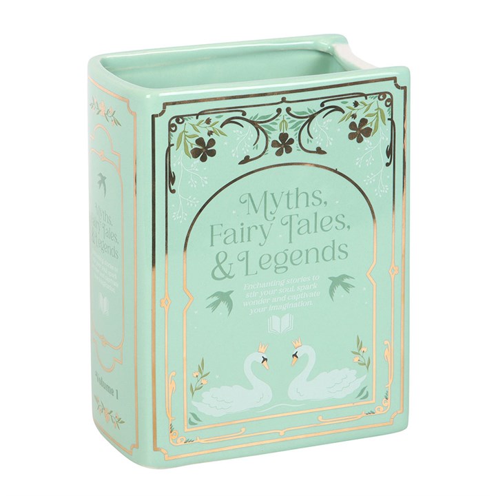 Green ceramic book shaped vase with gold floral detailing and swan illustration – unique book lover home accessory.