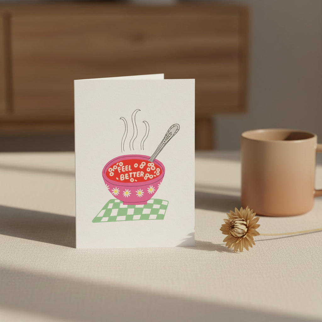 Card with a bowl of soup illustration and 'Feel Better' text on a white background.