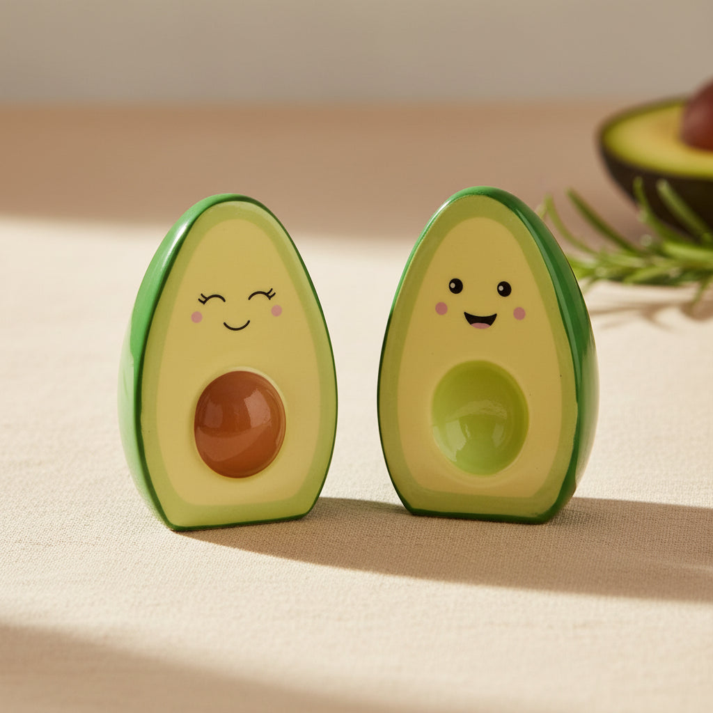 Two avocado-shaped salt and pepper shakers with smiling faces on a white background