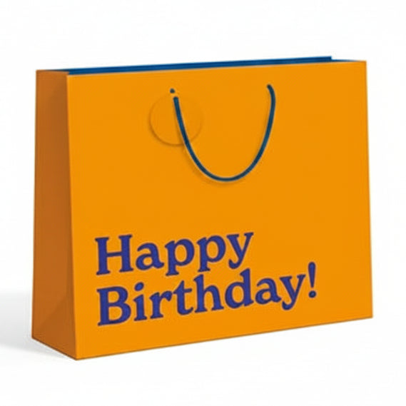 Orange birthday gift bag with 'Happy Birthday!' text on a white background