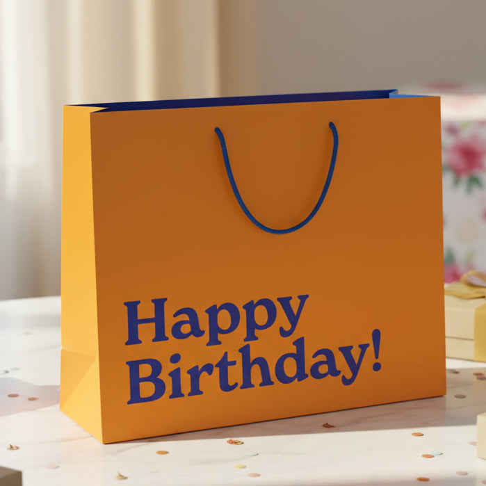 Orange Happy Birthday gift bag with navy rope handles on a table