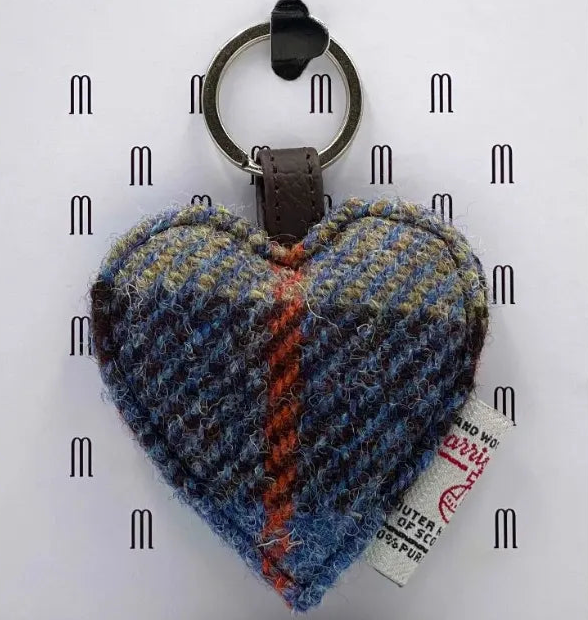 Blue tartan Harris Tweed heart keyring with split ring on patterned card