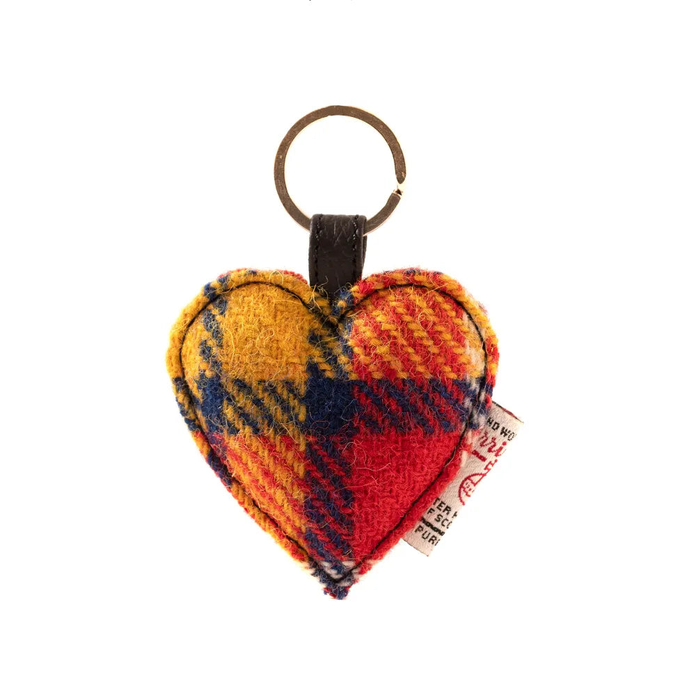 Saffron tartan Harris Tweed heart keyring on white background