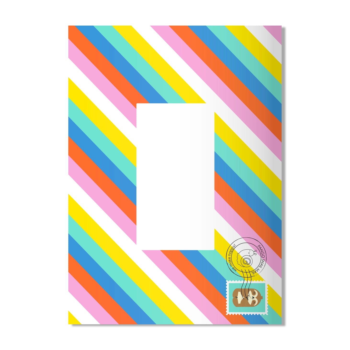Back of Hello Jello Bubble Tea Birthday Card featuring rainbow striped envelope design.