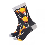 Women’s bamboo socks with Highland cow design in black and grey with yellow and orange detail.