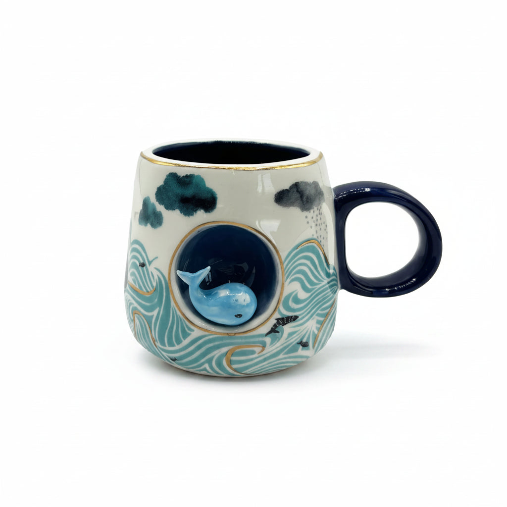 Front view of whale-themed ceramic mug featuring raised 3D whale detail and gold accents.