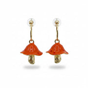 Isolated product shot of Forage Red Earrings, showing one front view and one angled underside view with shimmering golden gills and curved mushroom design.