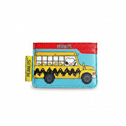 Front view of House of Disaster Peanuts ‘Bus’ Cardholder featuring Snoopy driving a yellow school bus with Woodstock passengers.
