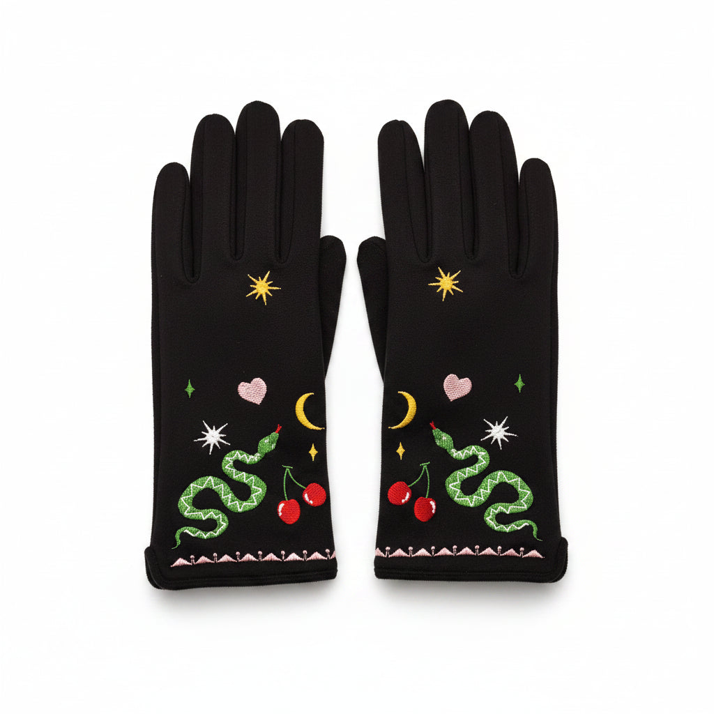 Pair of Inked Embroidered Snake Gloves laid flat on white background showing full embroidered pattern.