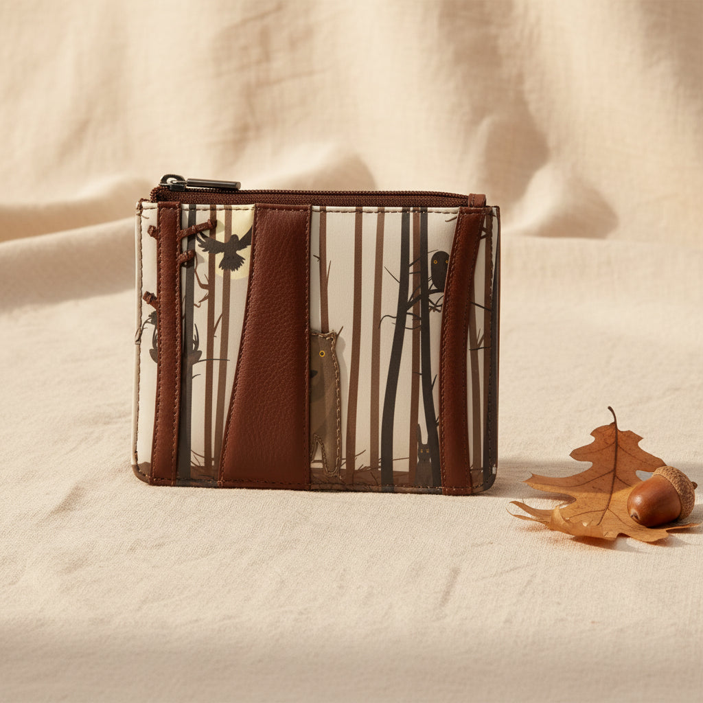 Side view of Into the Wild Yoshi brown leather purse with zip fastening and appliqué details.