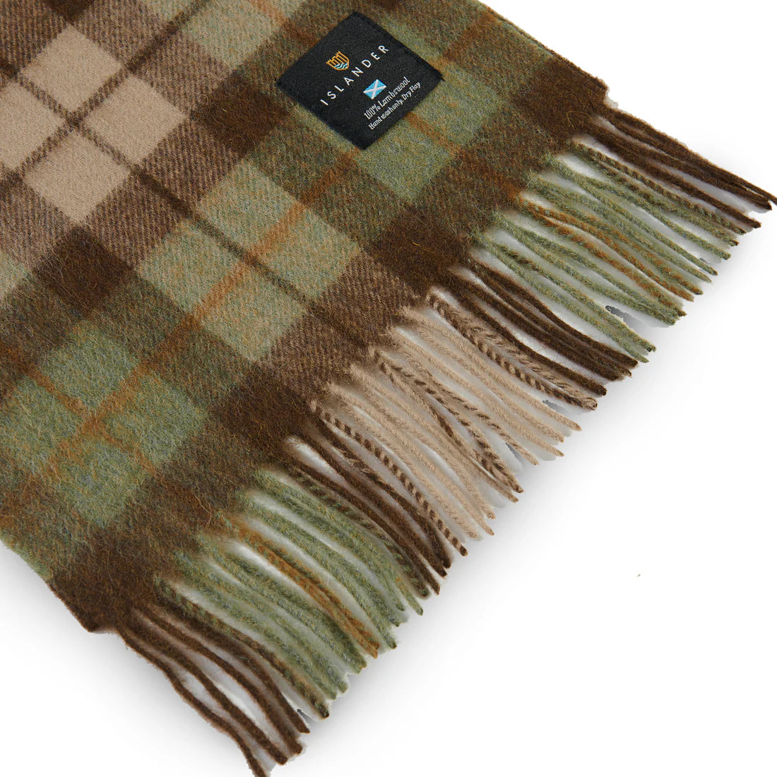 Close-up of Chestnut Tartan Lambswool Scarf fringe and check pattern
