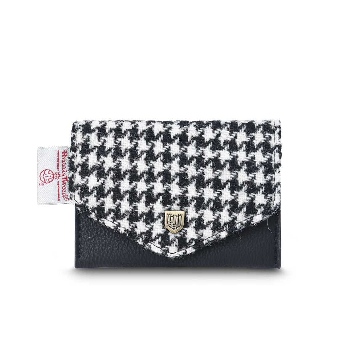 Black and white dogtooth Harris Tweed card holder with black trim on white background