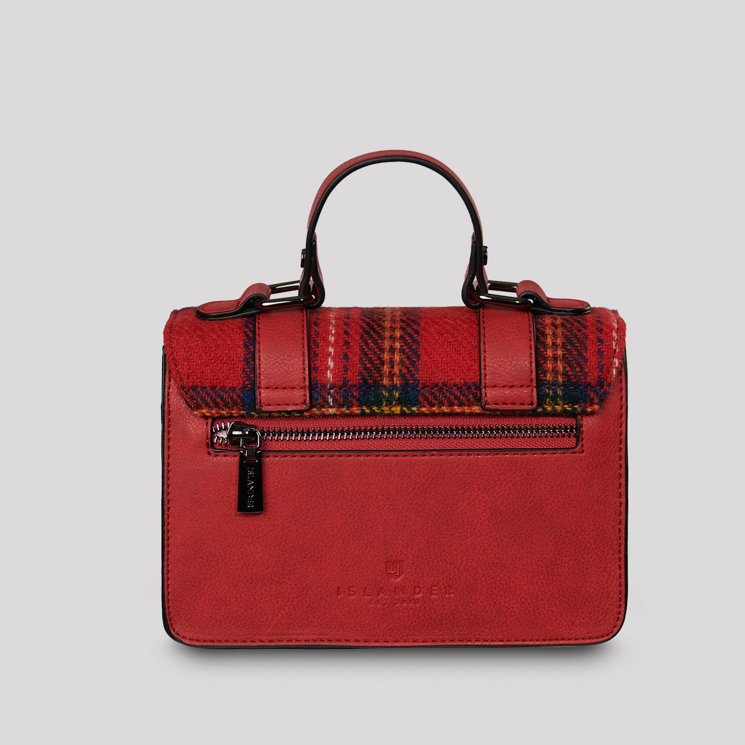 Back of the Harris Tweed satchel in Royal Stewart Tartan featuring leather zip pocket and Islander branding.