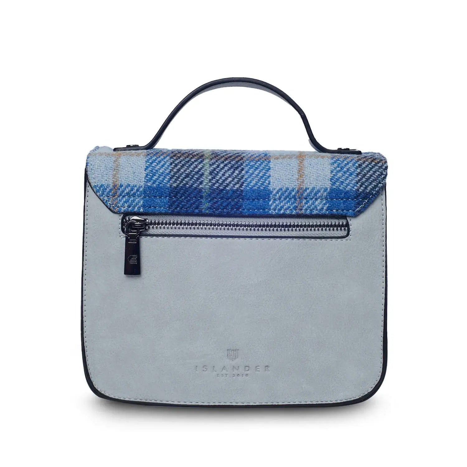 A rear view of a blue tartan Mini Calton Satchel, displaying its additional pocket and metal chain strap.