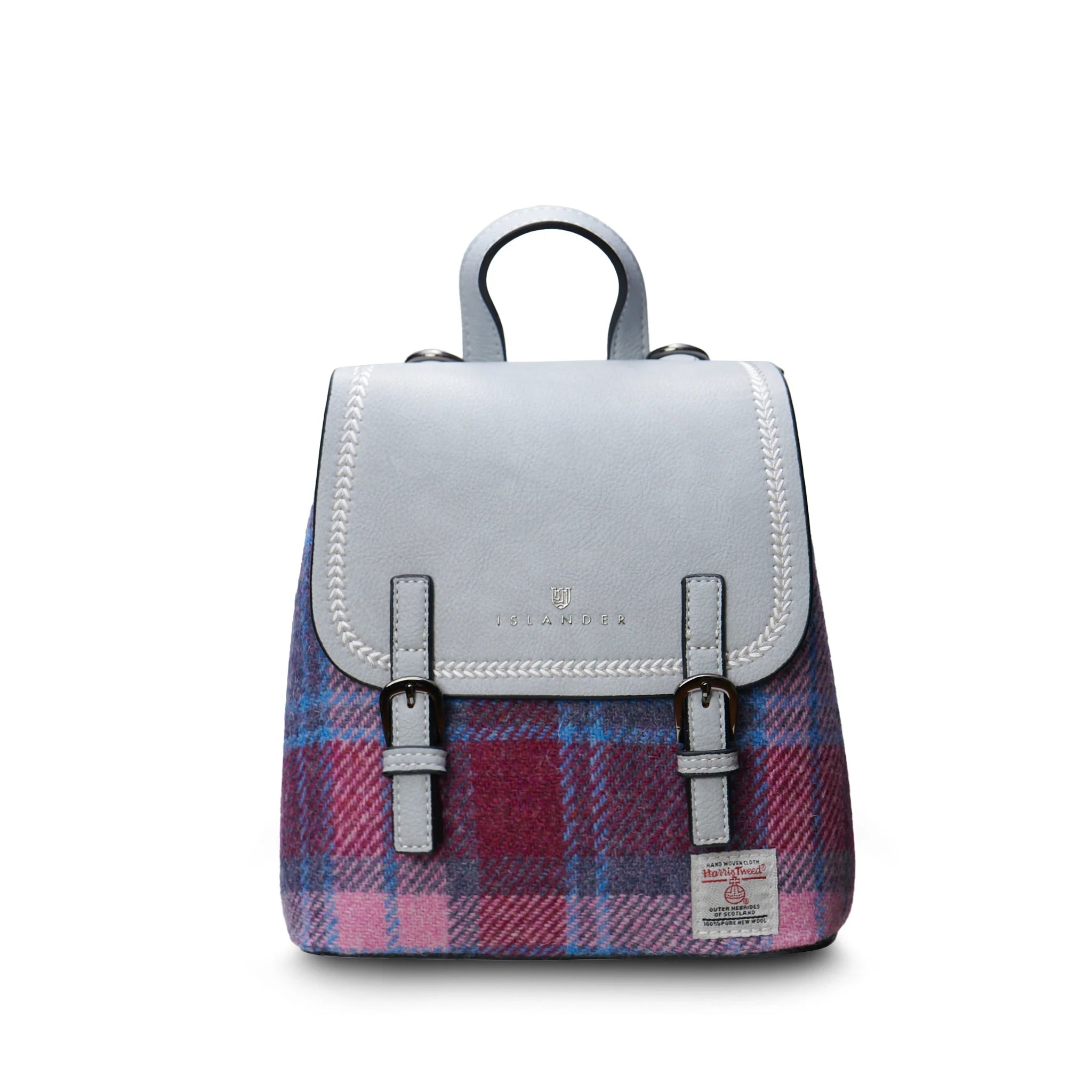 Pink and blue tartan Harris Tweed mini backpack front view on white background