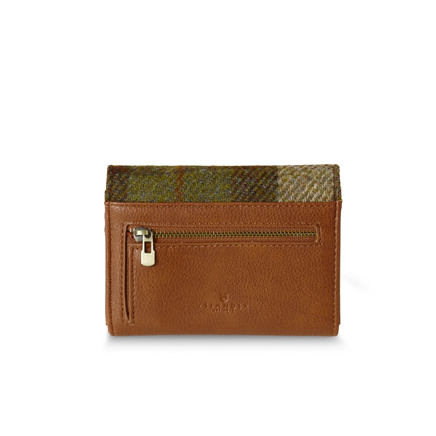 Chestnut tartan Harris Tweed purse back view showing zip pocket.