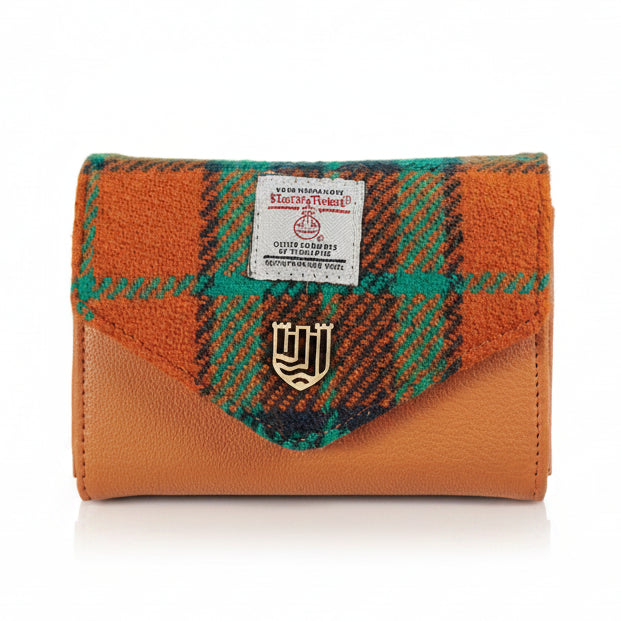 Orange-blue tartan Harris Tweed clasp purse overhead on white background.