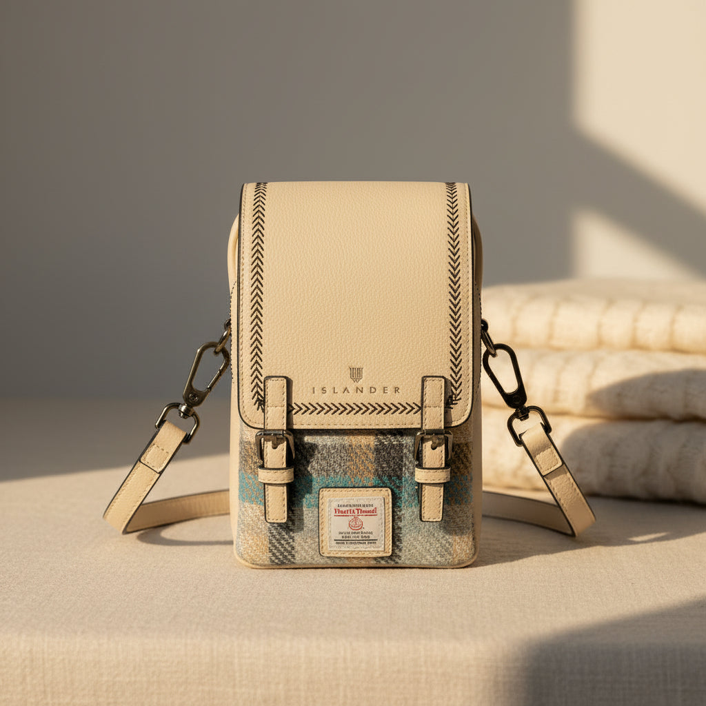 An Islander crossbody bag featuring a cream-colored leather top and a textured, multicolor snakeskin-patterned lower panel, with matching cream straps and black hardware, shown against a light gray background.