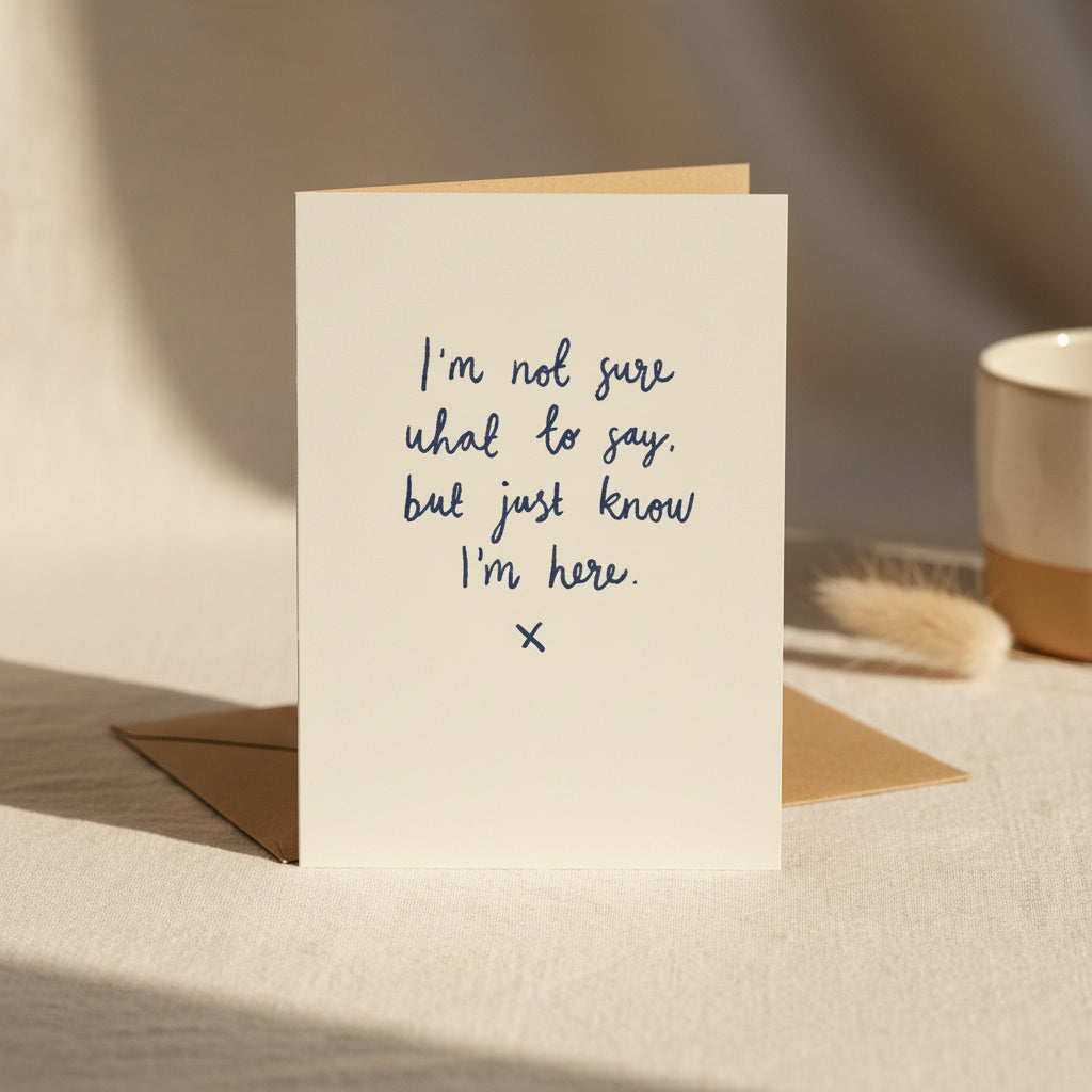 Framed print with motivational quote 'I'm not sure what to say, but just know I'm here.' on a white background.
