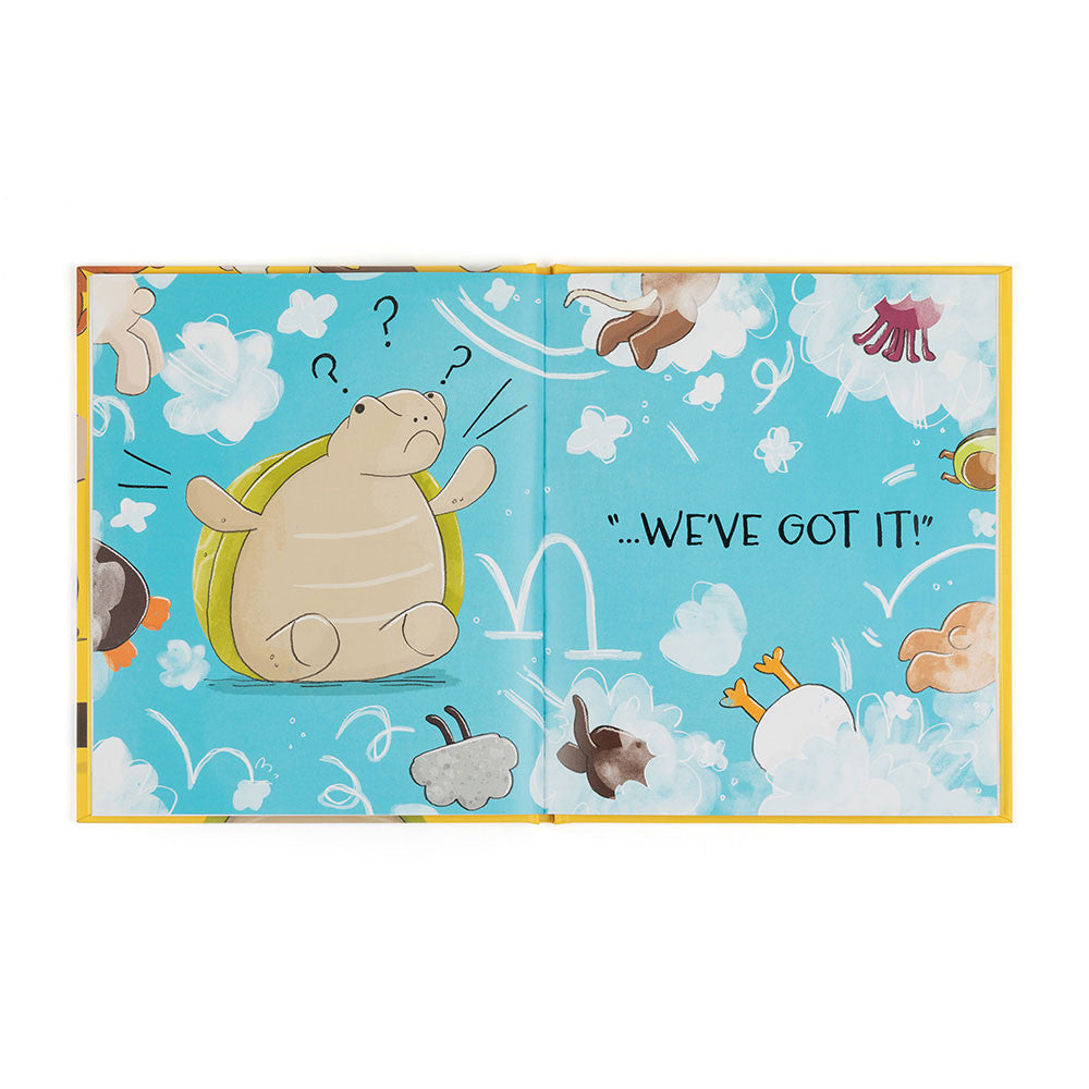 Storybook spread showing Timmy Turtle surrounded by lively characters and bright illustrations.