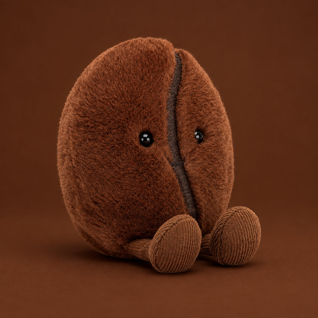 A close-up photo of the Jellycat Amuseable Coffee Bean's realistic stitching details and rich espresso-colored fur.