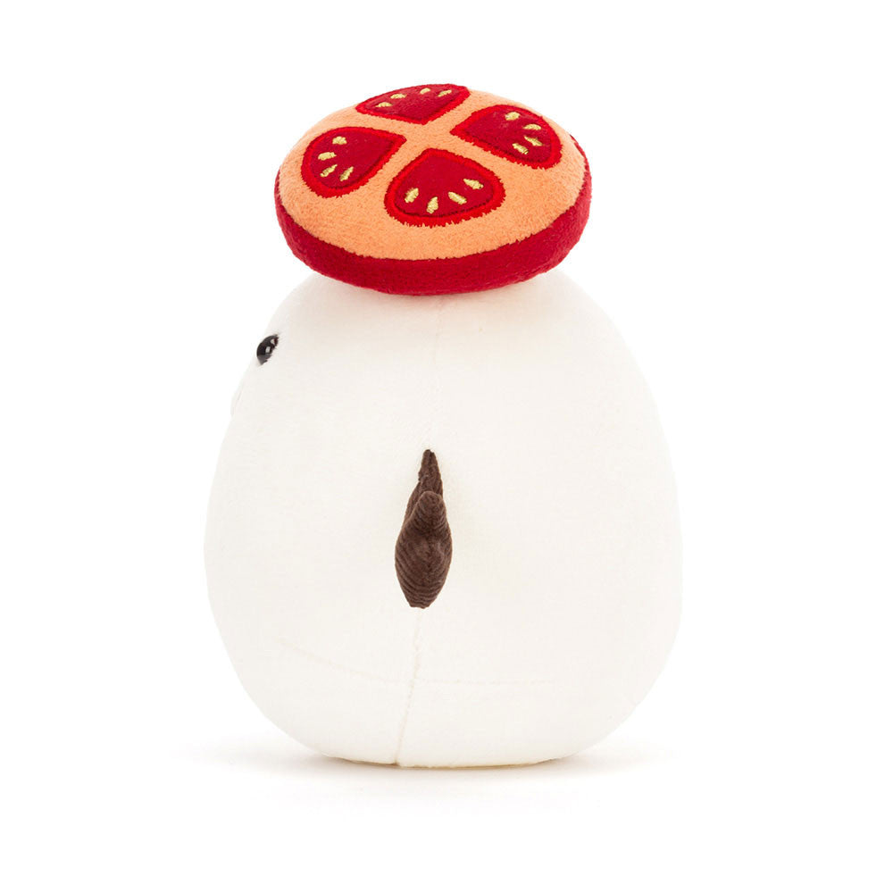 Side view of Jellycat Amuseables Mozzarella showing tomato slice detail.