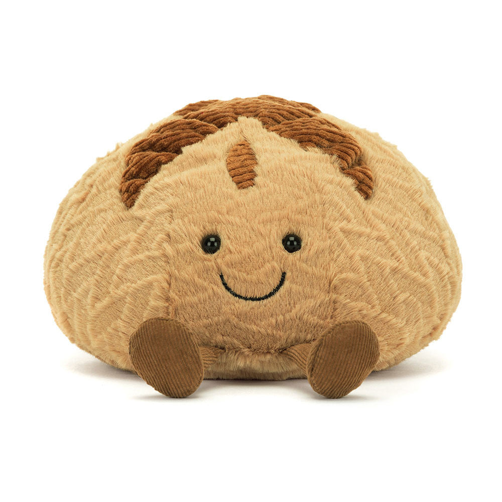Front-facing Jellycat Sourdough toy sitting upright with embroidered smile and playful design.