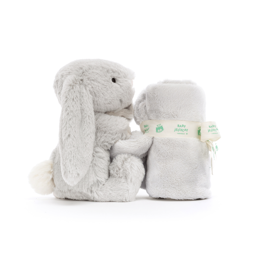 Side profile of the Jellycat Bashful Silver Bunny Soother.